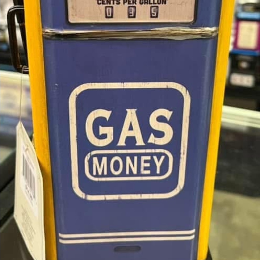 Blue and Yellow  10” Vintage style Gas pump Money Bank.